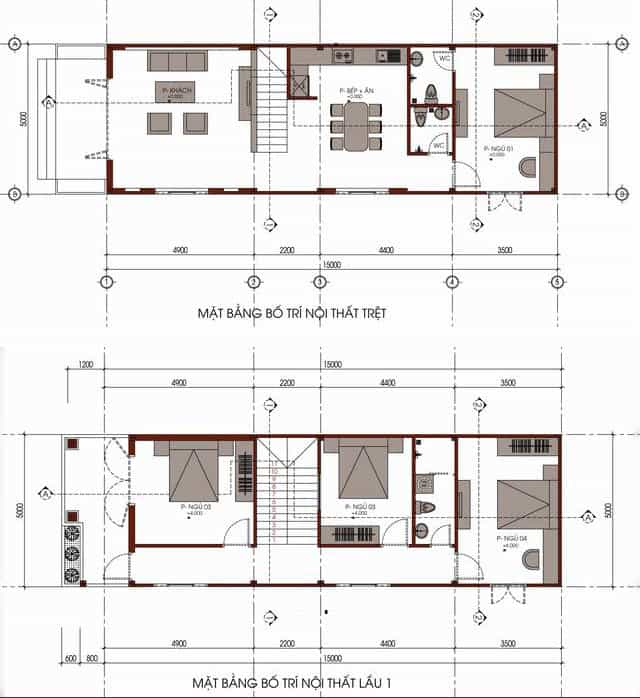 Bản vẽ thiết kế nhà 2 tầng 5x15